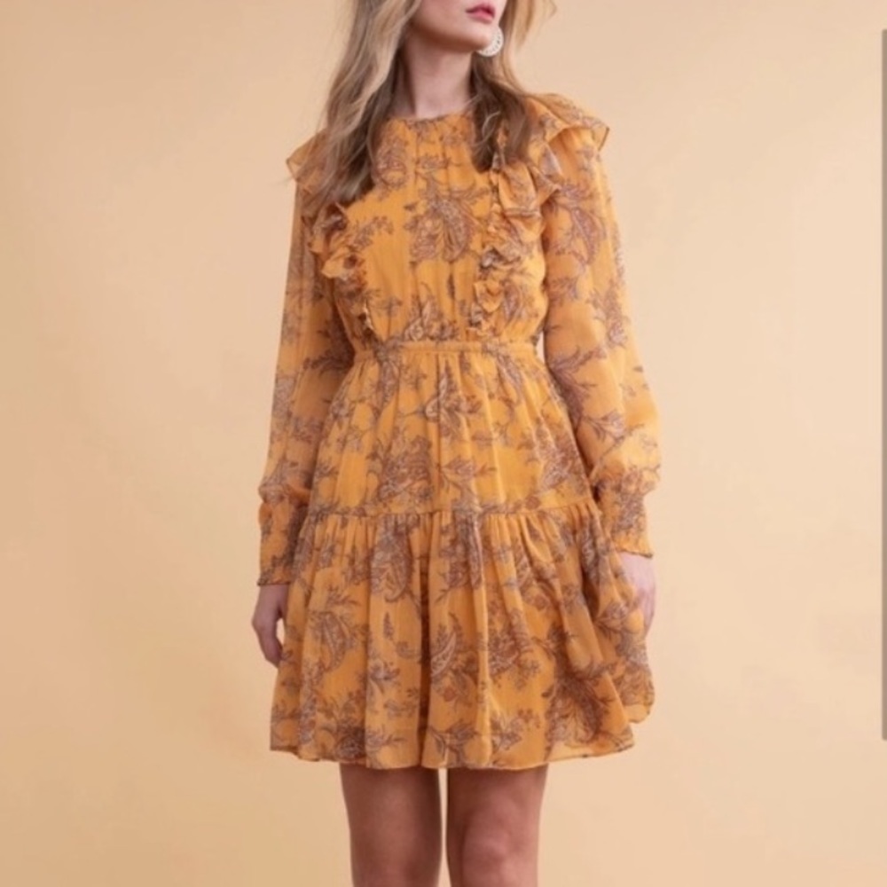 RACHEL PARCELL Metallic Stripe Floral Long Sleeve Dress in Yellow Size M